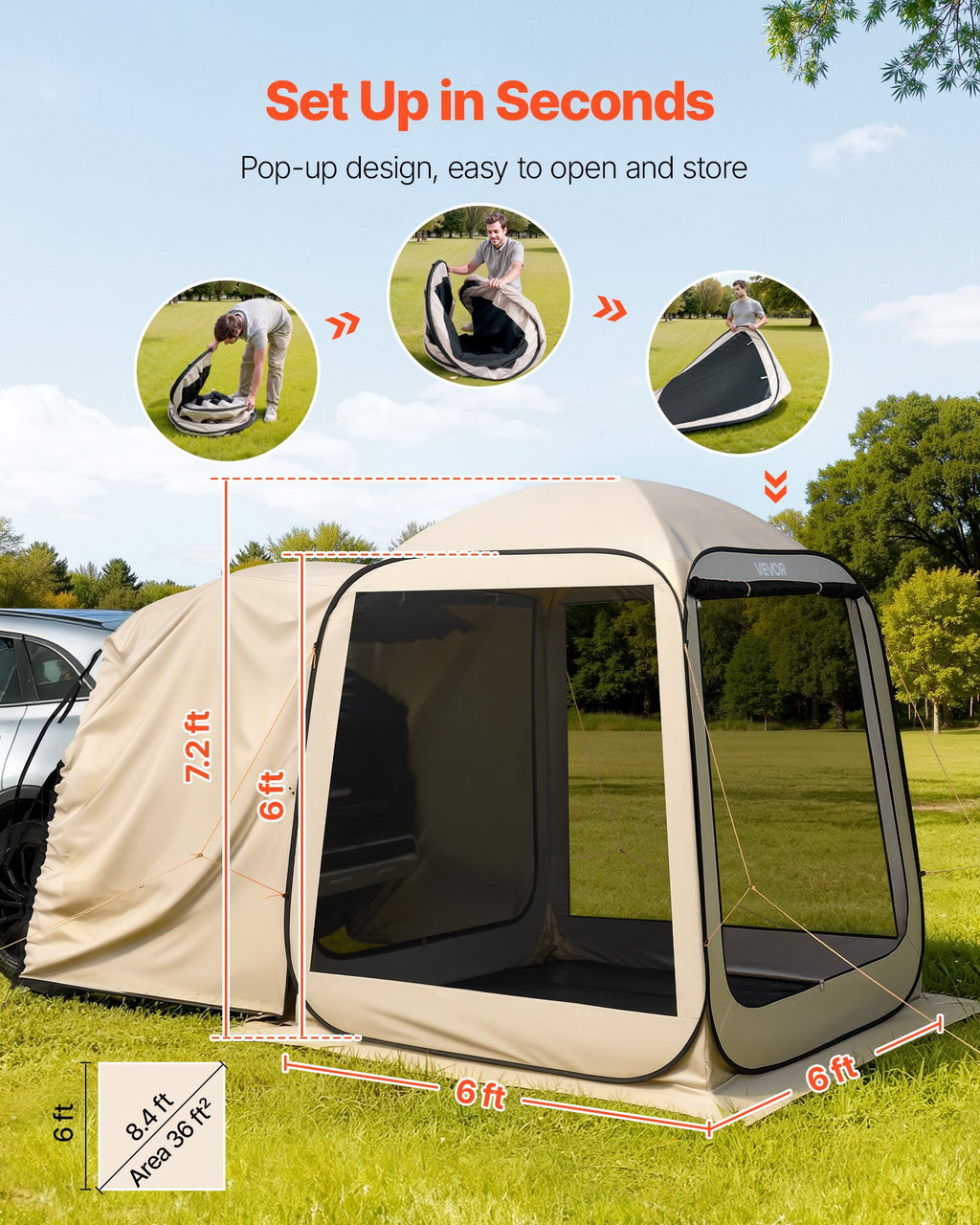 Screen House Tent, 6 X 6 Ft, 4-6 Person Pop Up SUV Tailgate Tent, Portable Screened In Canopy With Carry Bag, Netting Sides, For Car Camping, Garden, Patio, Backyard, Outdoor Activities, Beige