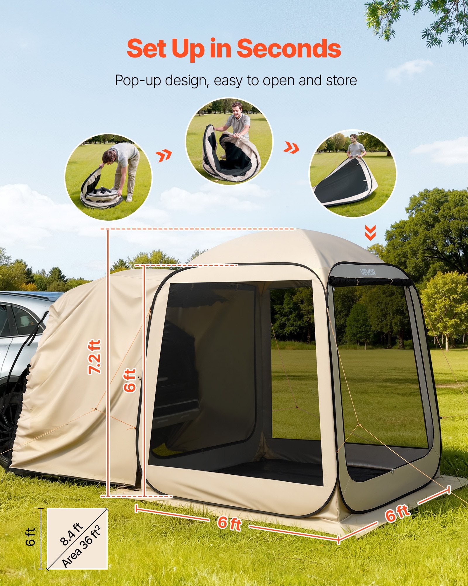 Screen House Tent, 6 X 6 Ft, 4-6 Person Pop Up SUV Tailgate Tent, Portable Screened In Canopy With Carry Bag, Netting Sides, For Car Camping, Garden, Patio, Backyard, Outdoor Activities, Beige